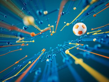 Futbol topu 3D nesnesi. 3 boyutlu illüstrasyon. Grafik arkaplan elemanı Spor soyut arka plan. Futbol tasarım yarışması konsepti sanatı. dijital teknoloji elementi güzel ışıklandırma alanı boş 