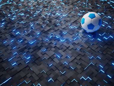 Futbol topu 3D nesnesi. 3 boyutlu illüstrasyon. Grafik arkaplan elemanı Spor soyut arka plan. Futbol tasarım yarışması konsepti sanatı. dijital teknoloji elementi güzel ışıklandırma alanı boş 