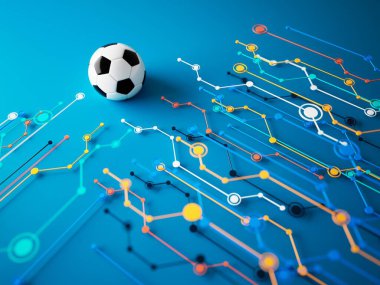 Futbol topu 3D nesnesi. 3 boyutlu illüstrasyon. Grafik arkaplan elemanı Spor soyut arka plan. Futbol tasarım yarışması konsepti sanatı. dijital teknoloji elementi güzel ışıklandırma alanı boş 