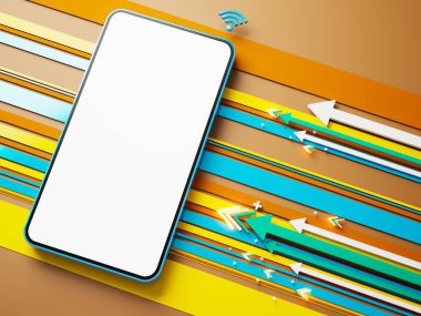 Beyaz fotokopi ekranlı akıllı telefon, illüstrasyon, teknoloji dijital konsept, soyut nesne fütüristik. İş uygulamaları mağaza şablonu. Cep telefonu aygıtı. minimal grafik arkaplan. 3 Boyutlu Hazırlama