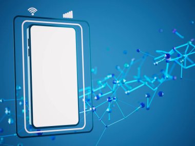 Beyaz fotokopi ekranlı akıllı telefon, illüstrasyon, teknoloji dijital konsept, soyut nesne fütüristik. İş uygulamaları mağaza şablonu. Cep telefonu aygıtı. minimal grafik arkaplan. 3 Boyutlu Hazırlama