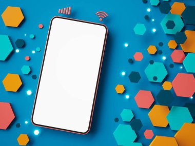 Beyaz fotokopi ekranlı akıllı telefon, illüstrasyon, teknoloji dijital konsept, soyut nesne fütüristik. İş uygulamaları mağaza şablonu. Cep telefonu aygıtı. minimal grafik arkaplan. 3 Boyutlu Hazırlama