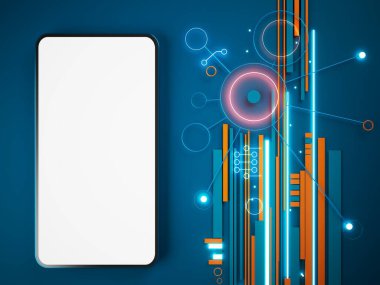 Beyaz fotokopi ekranlı akıllı telefon, illüstrasyon, teknoloji dijital konsept, soyut nesne fütüristik. İş uygulamaları mağaza şablonu. Cep telefonu aygıtı. minimal grafik arkaplan. 3 Boyutlu Hazırlama