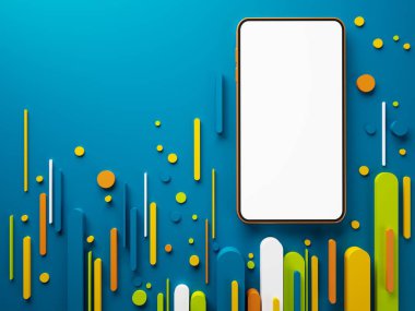 Beyaz fotokopi ekranlı akıllı telefon, illüstrasyon, teknoloji dijital konsept, soyut nesne fütüristik. İş uygulamaları mağaza şablonu. Cep telefonu aygıtı. minimal grafik arkaplan. 3 Boyutlu Hazırlama