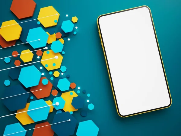 Beyaz fotokopi ekranlı akıllı telefon, illüstrasyon, teknoloji dijital konsept, soyut nesne fütüristik. İş uygulamaları mağaza şablonu. Cep telefonu aygıtı. minimal grafik arkaplan. 3 Boyutlu Hazırlama