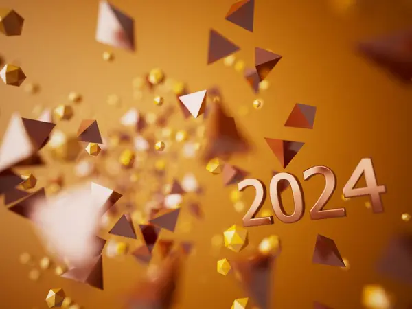 新年快乐派对 图形抽象设计 庆祝几何 愉快的装饰理念 2024数字文本 圣诞节艺术冬季墙纸 背景闪光渲染 3D插图 — 图库照片