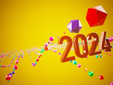 Mutlu yıllar festival partisi, grafik soyut tasarım. Kutlama geometrisi. Dekorasyonun kutlu olsun. 2024 numara mesaj. Yılbaşı sanatı kış duvar kağıdı. arkaplan parlaklığı oluşturma, 3d illüstrasyon