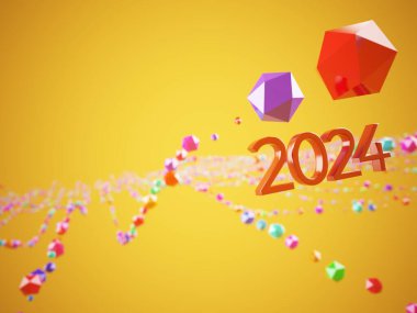 Mutlu yıllar festival partisi, grafik soyut tasarım. Kutlama geometrisi. Dekorasyonun kutlu olsun. 2024 numara mesaj. Yılbaşı sanatı kış duvar kağıdı. arkaplan parlaklığı oluşturma, 3d illüstrasyon