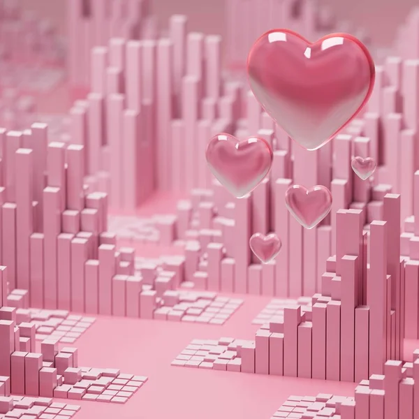 心脏3D物体的设计 情人节场景几何图形 3D插图 爱浪漫的图形 现实的渲染形状 抽象的背景装饰 复制空间 粉红的色泽 幸福概念 — 图库照片