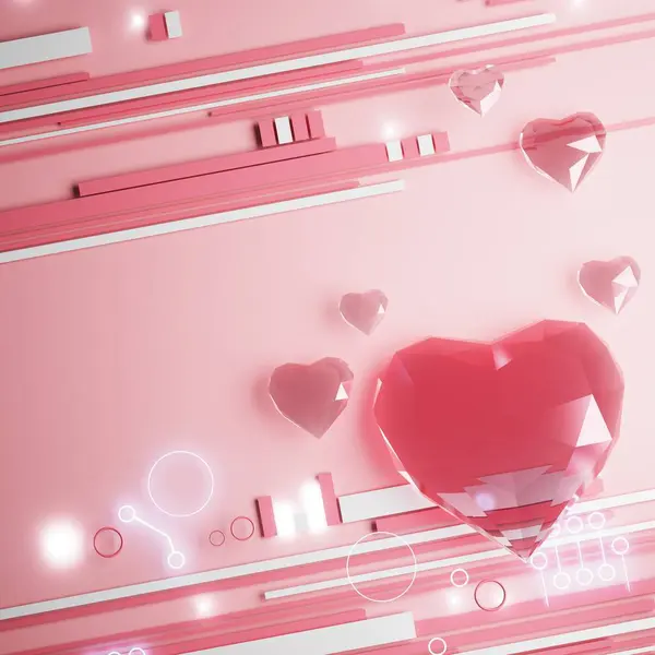 心脏3D物体的设计 情人节场景几何图形 3D插图 爱浪漫的图形 现实的渲染形状 抽象的背景装饰 复制空间 粉红的色泽 幸福概念 — 图库照片