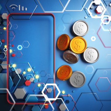 İş teknolojisi dijital 3D konsepti. Bozuk para tasarımı. Üç boyutlu illüstrasyon. Ticaret ekonomisi tasarrufu. Soyut arkaplan bağlantısı. ağ ticareti piyasa fütüristik bilgisiName. 