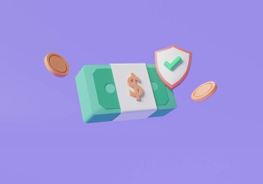 Para güvenliği konsepti. Mor arka planda para koruma kalkanı. Bozukluklar, banknotlar. Çevrimiçi ödeme koruması, finansal tasarruf sigortası, para tasarrufu. 3 boyutlu resimleme. çizgi film asgari
