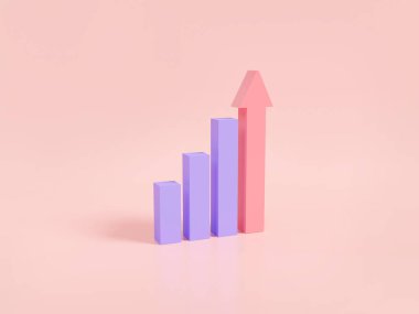 Red Arrow grafik diyagramı ile büyüyen çubuklar. büyüyen iş başarısı, hedefler ve hedef başarısı, başarılı gelişme, 3d resim çizimi, çizgi film asgari stili