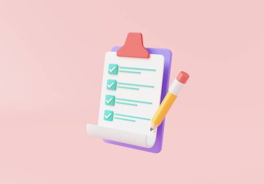 Pembe arka planda kalem listesi. Hızlı kontrol listesi, planlama ve organizasyon, not defteri, proje planı, işaretli belge. 3d resim oluşturma simgesi, çizgi film minimal biçimi