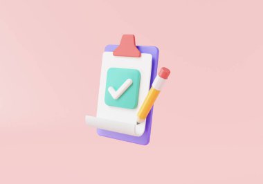 Pembe arkaplanda işaret simgesi olan pano. Hızlı kontrol listesi, Planlama, Sözleşme kağıdı, Kontrol Listesi, Onay, proje planı, doğru, başarı. 3d resim oluşturma simgesi, çizgi film minimumu