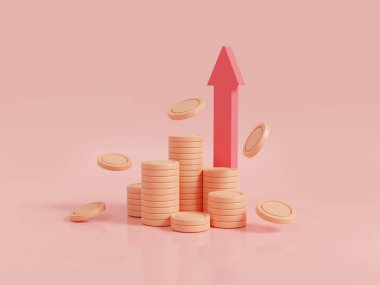 Kırmızı ok ve para desteleri pembe arka planda. Ekonomik büyüme, finansal başarı, iş parası yatırımı, para, nakit. Para büyüme konsepti. 3d resim oluşturma simgesi, çizgi film minimumu