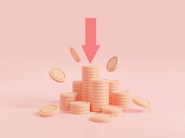 Kırmızı okları olan bozuk para yığınları. Ekonomideki durgunluk, para baskını, iflas, bütçe durgunluğu, kötü ekonomik düşüş, finansal kriz, para kaybı, enflasyon. 3d hazırlayıcı
