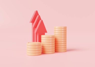 3D simge görüntüsü Red up oku ve bozuk para desteleri. Ekonomik büyüme, finansal başarı, iş parası yatırımı, kar, para, nakit. Para büyüme konsepti. çizgi film asgari