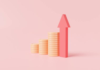 3D Kırmızı ok ve bozuk para yığınları. Ekonomik büyüme, finansal başarı, iş parası yatırımı, kar, para, nakit. Para büyüme konsepti. 3d resim oluşturma simgesi, çizgi film minimumu