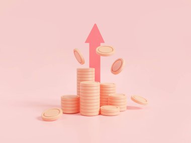 Kırmızı ok ve para desteleri pembe arka planda. Ekonomik büyüme, finansal başarı, iş parası yatırımı, para, nakit. Para büyüme konsepti. 3d resim oluşturma simgesi, çizgi film minimumu