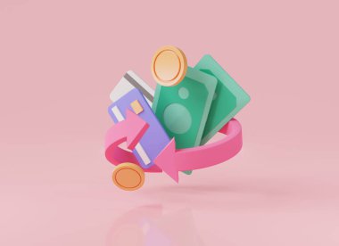 Mor arkaplanda izole edilmiş nakit para birimi simgesi. Çevrimiçi ödeme, para tasarrufu, para transferi, nakit para, dolar, banknot, finans, yatırım. 3D simge çizimi. çizgi film asgari