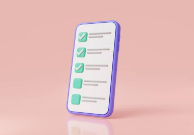 3d mobile phone with Check mark on pink background. checklist app, Tick on smartphone screen, Completed task, Online test, done payment. Business concept. 3d render illustration. cartoon minimal