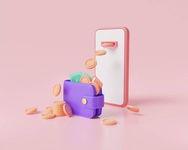 Cüzdandan cep telefonuna para transferi. Çevrimiçi işlem, mobil bankacılık, çevrimiçi ödeme, tasarruf, nakit para, çevrimiçi para, iş finans, para transferi. 3d simge görüntüleme