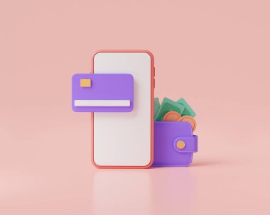 Çevrimiçi ödeme kavramı. Kredi kartı ve cüzdanı olan bir telefon. Çevrimiçi ödeme, çevrimiçi işlem, mobil bankacılık tasarruf, nakit para çevrimiçi, para transferi. 3d simge görüntüleme