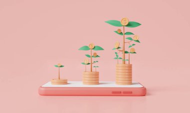 Para birikintileri ve akıllı telefondaki ağaçlar. Para biriktirme kavramı, işletme finansmanı sürdürülebilir kalkınma, depolama parası, iş parası yatırımı, ekonomik büyüme. 3d resimleme