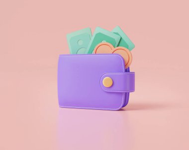 Cüzdan, bozukluklar, banknot ve kredi kartı. Çevrimiçi ödeme, banka, finans yatırımı, para cüzdanı, dijital cüzdan, nakit para. Para biriktirme kavramı. 3d resimleme
