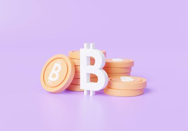 Para biriktirme kavramı. Bozuk paralı Bitcoin Kripto para birimi. Bitcoin simgesi, BTC Kripto Para Birimi, Çevrimiçi Ticaret, İş Finans. 3D simge çizimi. karikatür biçimi