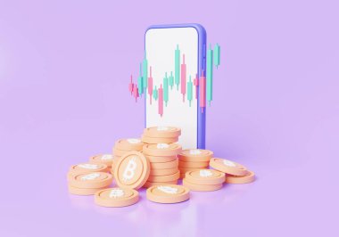 Akıllı telefonunda kırmızı ve yeşil şamdan şeması olan bitcoin yığını. Bitcoin değişimi, engelleme teknolojisi, bitcoin, kripto para madenciliği, finans, dijital para piyasası. 3d simge görüntüleme