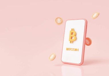 Cep telefonundaki Bitcoin Crypto pembe arka planda izole edilmiş. Trade Bitcoin (BTC), Cryptocurrency, online ticaret, büyüyen finans endeksi, Business mali. 3 boyutlu resimleme. karikatür biçimi