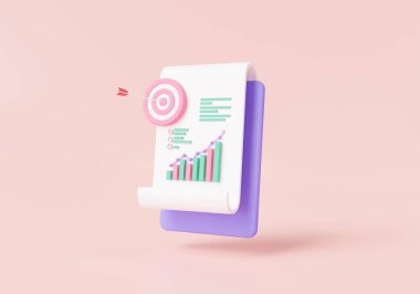 Veri analizi ve hedefi olan pano kağıdı, SEO optimizasyonu, gösterge tablosu ve iş mali rapor tablosu, iş stratejisi, grafik analizi. İş fikri hedefleri kavramı. 3d resimleme