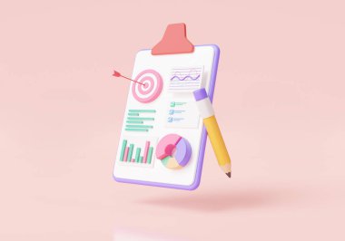 Veri analizli pano kağıdı, SEO optimizasyonu, gösterge paneli ve rapor çizelgesi, kontrol listesi, grafik analitiği, hedef, optimizasyon pazarlaması. İş dünyası finansal konsepti. 3d simge görüntüleme