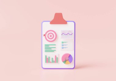 Pano kağıdı, SEO optimizasyonu, gösterge tablosu ve rapor tablosu, kontrol listesi, grafik analitiği, hedef, veri analizi. 3d simge görüntüleme