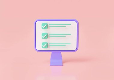 Bilgisayardaki kontrol listesi pembe arka planda izole edildi. PC ve kontrol listesi, Çevrimiçi sınav, planlama ve organizasyon, hızlı kontrol listesi, proje planı, kontrol işaretleri. 3d resim oluşturma simgesi