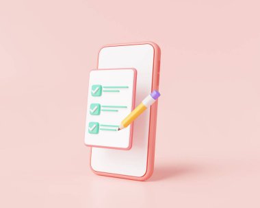 Check mark with mobile on pink background. checklist app, Tick on smartphone screen, Completed task, Online test, done payment. Business concept. 3d icon render illustration. cartoon minimal style