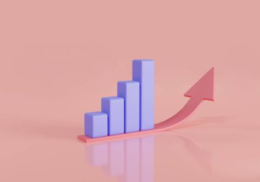 Üzerinde pembe arkaplan bulunan ok ve simge çizelgesi. Veri analiz konsepti. Büyüyen çubuklar, istatistiksel bar ikonu, büyüme işi başarısı. 3 boyutlu resimleme. karikatür biçimi