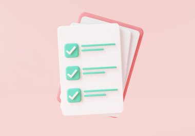 Pembe arka planda kontrol listesi simgesi olan pano. Kağıt üzerindeki işaretleri, iş planlama ve organizasyonunu, proje planını, işaretli belgeleri kontrol et. İş konsepti. 3d resim oluşturma simgesi