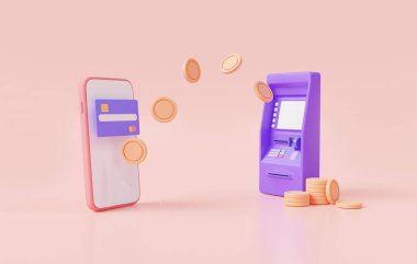 Cep telefonuyla bankacılığa para transferi. Çevrimiçi ödeme, finansal işlemler ve dijital finans, nakit para, kredi kartı, çevrimiçi para, mobil bankacılık. İş finans konsepti. 3d resimleme