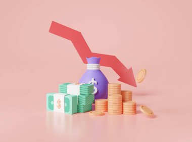 Kırmızı okları olan para. Ekonomik durgunluk, para baskını, iflas, bütçe durgunluğu, kötü ekonomi düşüşü, finansal kriz, para kaybı. finansal kriz konsepti. 3d hazırlayıcı