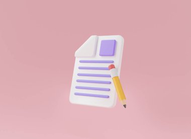 Kağıt çarşaf ve kalem. Metin dosyası, metin belgesi, çalışma kağıdı, yapışkan not, Pano, belge, not al. Hatırlatma ya da kontrol listesi ve eğitim konsepti. 3D tasvir. Çizgi film biçimi