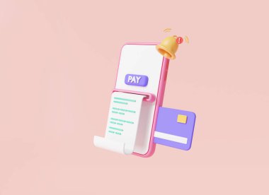 Cep telefonundan yapılan ödeme, çan bildirimi, fatura ve kredi kartıyla. İşlem çevrimiçi, finansal uyarı, iş finansmanı, fatura ödemesi. Hatırlatma konsepti. 3d resimleme