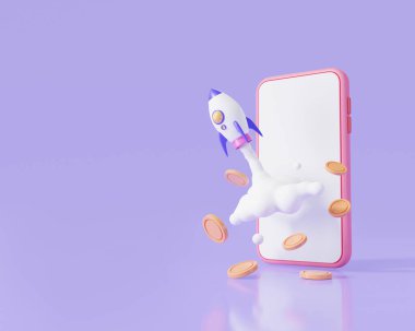 Parayla mobil ekrandan roket fırlatma, başarılı bir iş, başarılı bir başlangıç, büyüme istatistikleri, aya para gönderme. İş konseptine başla. 3d resimleme