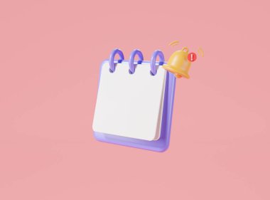 Hatırlatma bildirimi konsepti. Çan bildirimli Not Defteri simgesinin 3 boyutlu canlandırması. Takvimde anımsatma, anımsatma bildirimi, olaylar, iş planlaması, yapışkan not, zaman çizelgesi