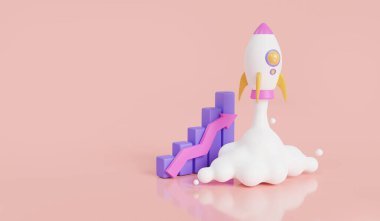 Roket gelişen grafik çubuğuyla yükseliyor. Pazarlama zamanı, iş kurma, iş başarısı stratejisi, yeni proje. Roket fırlatıldı. İş kurma konsepti. 3d asgari resim çizimi