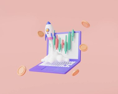 Yükselen roket, dizüstü bilgisayarında borsa grafiği olan duman kusuyor. Uzay gemisi roketi, büyüme istatistikleri, Bitcoin uzay gemisi. İş kurma konsepti. 3d asgari resim çizimi