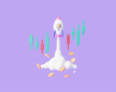 Roketin yükselişinin 3 boyutlu asgari çizimi bozuk paralar ve grafik grafiğiyle yükseliyor. Uzay gemisi roketi, ticaret, kripto para ticareti, büyüme istatistikleri. İş kurma. Çizgi film minimumu