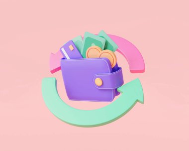 İçinde para nakit para ikonu olan cüzdan. Para transferi, çevrimiçi ödeme, nakit para ve para iadesi, dijital ödeme. Cüzdan, kredi kartı, para ve banknot. En az çizgi film tarzı. 3d resimleme